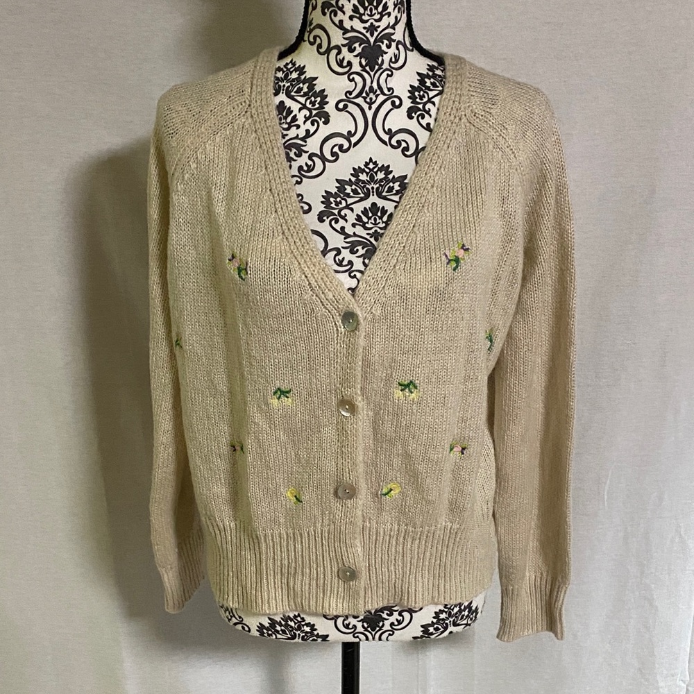 Cotton Emporium Beige Cardigan with Floral Embroidery